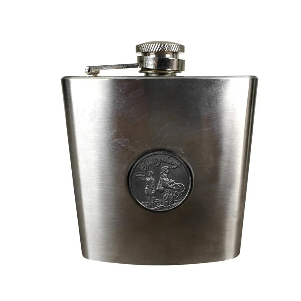 Vintage Stainless Steel 6 Oz Flask With Gettysburg Engraving & Secure Screw Cap